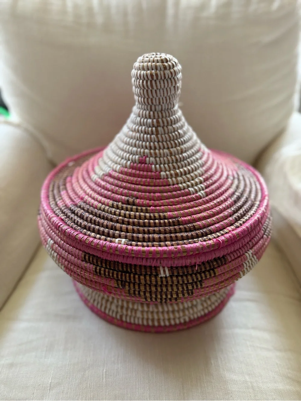 traditional African handwoven lidded basket pink brown and white EUC